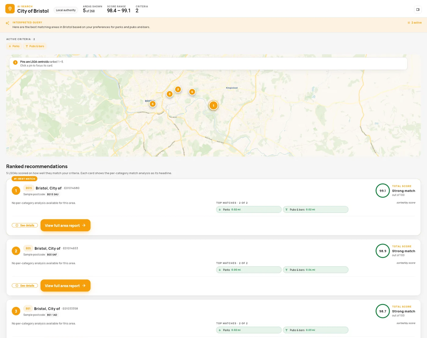 Rank areas by what matters — AreaSense app screenshot